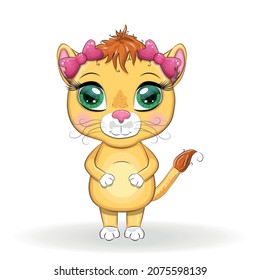 Cartoon lioness with expressive eyes. Wild animals, character, childish cute style