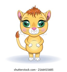 Cartoon lioness with expressive eyes. Wild animals, character, childish cute style