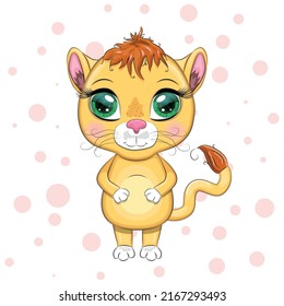 Cartoon lioness with expressive eyes. Wild animals, character, childish cute style