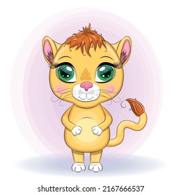 Cartoon lioness with expressive eyes. Wild animals, character, childish cute style