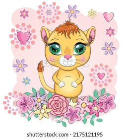 Cartoon lioness with expressive eyes. Wild animals, character, childish cute style