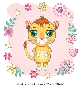 Cartoon lioness with expressive eyes. Wild animals, character, childish cute style