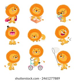 Cartoon lions. Cute lion in different poses and situations. Wild savanna animal reading, running and riding bicycle. Childish animals nowaday vector characters