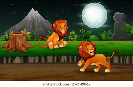 Cartoon lions in night landscape illustration