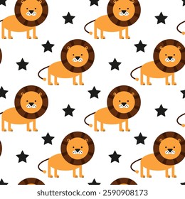 Cartoon lions pattern. Seamless wallpaper with animals. Orange drawing big cats, stars on white background. Ornament with kind lions for print of baby fabric, for infant clothing, children's bed linen