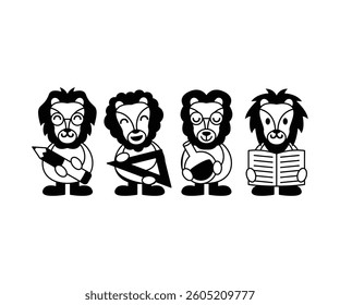 Cartoon Lions in School Setting Black and White Pixel Art Illustration Vector Design