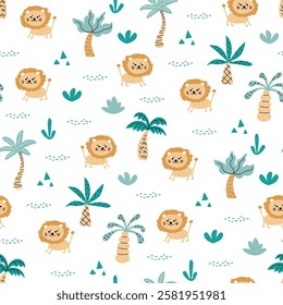 Cartoon lions seamless pattern. Baby repeat print for textiles, clothes, kids products design. African wild animals in jungle with palm trees. Cute big cats on white background. Nursery wallpaper.