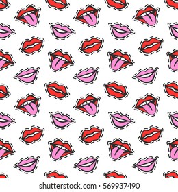 Cartoon lips patches seamless pattern. Trendy pop art 90s style. Fashion textile background