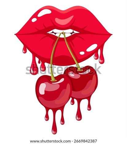 Cartoon lips with red cherry. Sexy female mouth with lipstick, gloss makeup. Melted groovy lips love design. Pink lip vector sticker for design, decoration or poster
