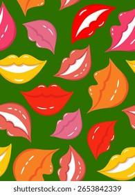 lábios de desenho animado e sorrisos padrão vetor sem costura em fundo verde, design pop abstrato arrojado e colorido