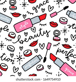 Cartoon lipstick, blush, eye mascara with bristles packaging seamless pattern. Red and pink make up supplies, lettering girly repeat design with heart, closed eyes and shine filling for gift wrapping.