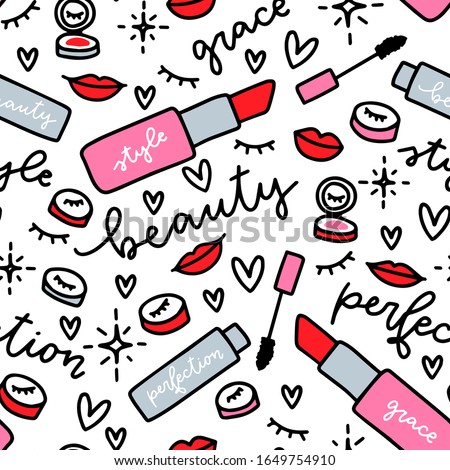 Cartoon lipstick, blush, eye mascara with bristles packaging seamless pattern. Red and pink make up supplies, lettering girly repeat design with heart, closed eyes and shine filling for gift wrapping.