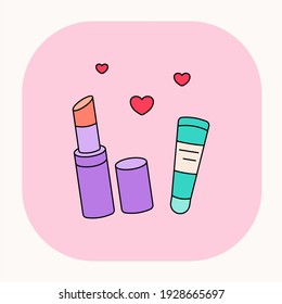 Cartoon lipstick icon. Lovely lip gloss tube. Cute doodle lipstick and lip gloss illustration. Open woman's lipstick and lip gloss. Korean cosmetics set on pink background. Beauty vector.