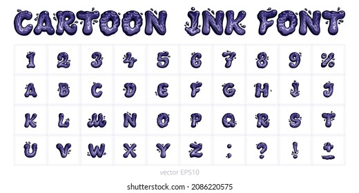 Cartoon Flüssig Tinte Schriftart. Funny English alphabet. Handgezeichnete Vektorbriefe, Zahlen, Satzzeichen und Prozentzeichen. Schwarze flexible Zeichen und Ziffern