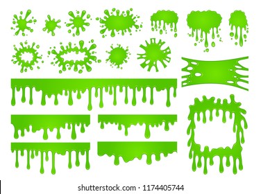 Esmalte líquido de caricatura. Grasas verdes de pintura de goo, espeluznante borde de goo y espeluznante mancha decorativa de halloween espeluznante, tóxico tóxico de textura pegajosa vector aislados símbolos establecidos