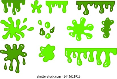 Cartoon liquid slime. Green goo paint drops. colorful slime vector set on checkered. Paint drop abstract illustration.