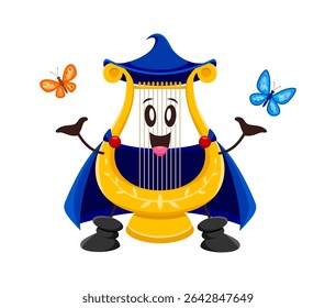 Cartoon lire Halloween mage and wizard musical instrument character. Isolated vector funny fairy lyre personage wears blue cape and hat, playing with butterflies. Adorable plucked stringed enchantress