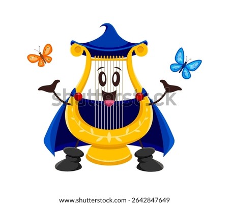 Cartoon lire Halloween mage and wizard musical instrument character. Isolated vector funny fairy lyre personage wears blue cape and hat, playing with butterflies. Adorable plucked stringed enchantress
