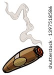 Cartoon lit cigar with smoke. Isolated on white background. Vector icon.