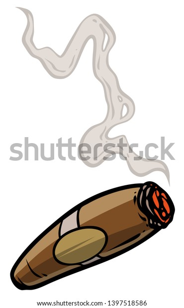 Cartoon lit cigar with smoke. Isolated on white\
background. Vector\
icon.