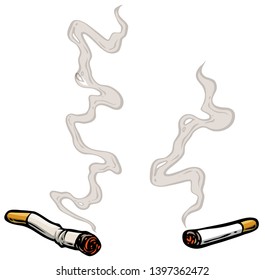 Cartoon lit cigarettes with smoke. Isolated on white background. Vector icon.