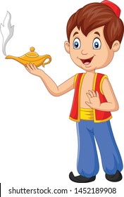 Cartoon little aladdin holding his magic lamp