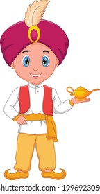Cartoon little aladdin holding his magic lamp
