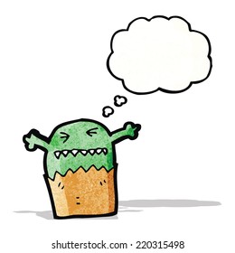 caricatura de pequeño alienígena con burbuja de pensamiento