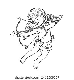 Cartoon little angel cupid  and holding a bow with arrow. Black and white outline vector
