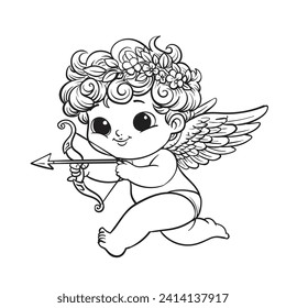 Cartoon little angel cupid  and holding a bow with arrow. Black and white outline vector
