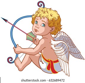 cartoon little angel cupid sitting and  holding a bow with arrow . Vector isolated on white
