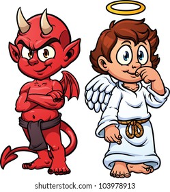 Cartoon little angel and devil. Vector illustration with simple gradients. Each in a separate layer for easy editing.