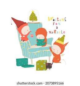 Cartoon Little Angels celebrating Winter Holidays. Merry Christmas