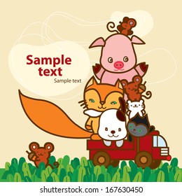 Cartoon little animals traveling in the truck in the summer on beige background. Illustration of little cute pets in japan style.  