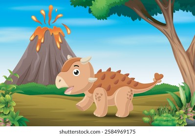 Cartoon little ankylosaurus playing with volcano erupting background