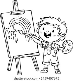 Cartoon little artist painting a picture on an easel. Kids creative activities isolated outline vector illustration