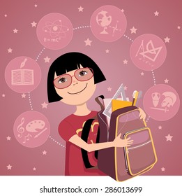 Cartoon Little Asian Girl With A Backpack, Filled With School Supplies, School Subjects On The Background, Vector Illustration, No Transparencies, EPS 8