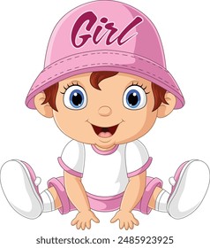 Cartoon little baby girl waring pink bucket hat