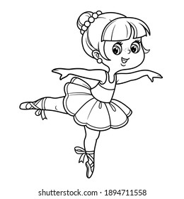 Cartoon little ballerina girl dance in lush tutu outlined for coloring isolated on a white background