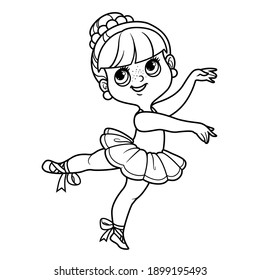 Сute cartoon little ballerina girl dancing on one leg outlined for coloring isolated on a white background