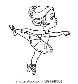 Сute cartoon little ballerina girl on one leg outlined for coloring isolated on a white background