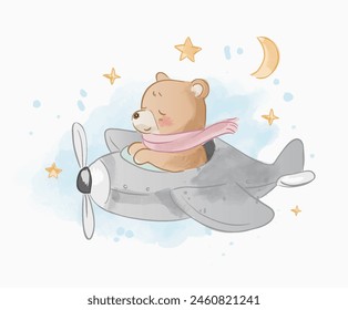 cartoon little bear flying airplane illustration