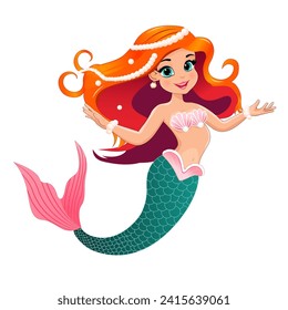 Caricatura de una hermosa sirena de cabello rojo adornada con perlas. Sirena de fondo blanco.