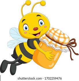 Cartoon little bee holding honey jar