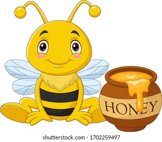 Cartoon Little Bee With Honey Pot