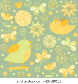 Cartoon little birds, butterflies, flowers colorful illustration for wedding celebration invitation, valentines day, happy easter, birthday greeting card, family events.
Vector seamless pattern. 
