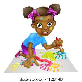 Cartoon little black girl painting a picture or having fun with paint and a paintbrush