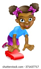 Cartoon little black girl playing with a toy red car