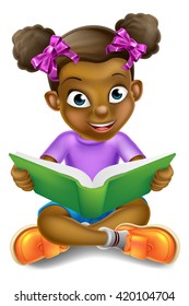 A cartoon little black girl sitting crossed legged enjoying reading a book
