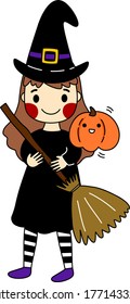 Cartoon of little black witch and pumpkin hold her bloom. Simple cute hand draw line vector and minimal icons flat style character illustration.